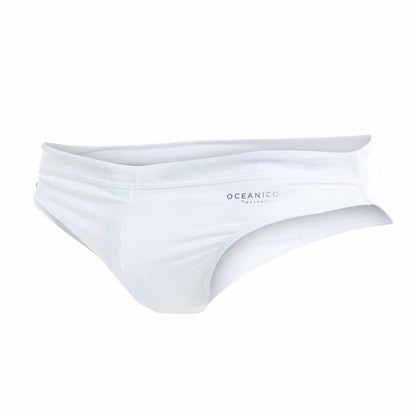 White oceanico swim briefs with sleek form-fitting design and subtle brand logo on waistband for men’s swimwear