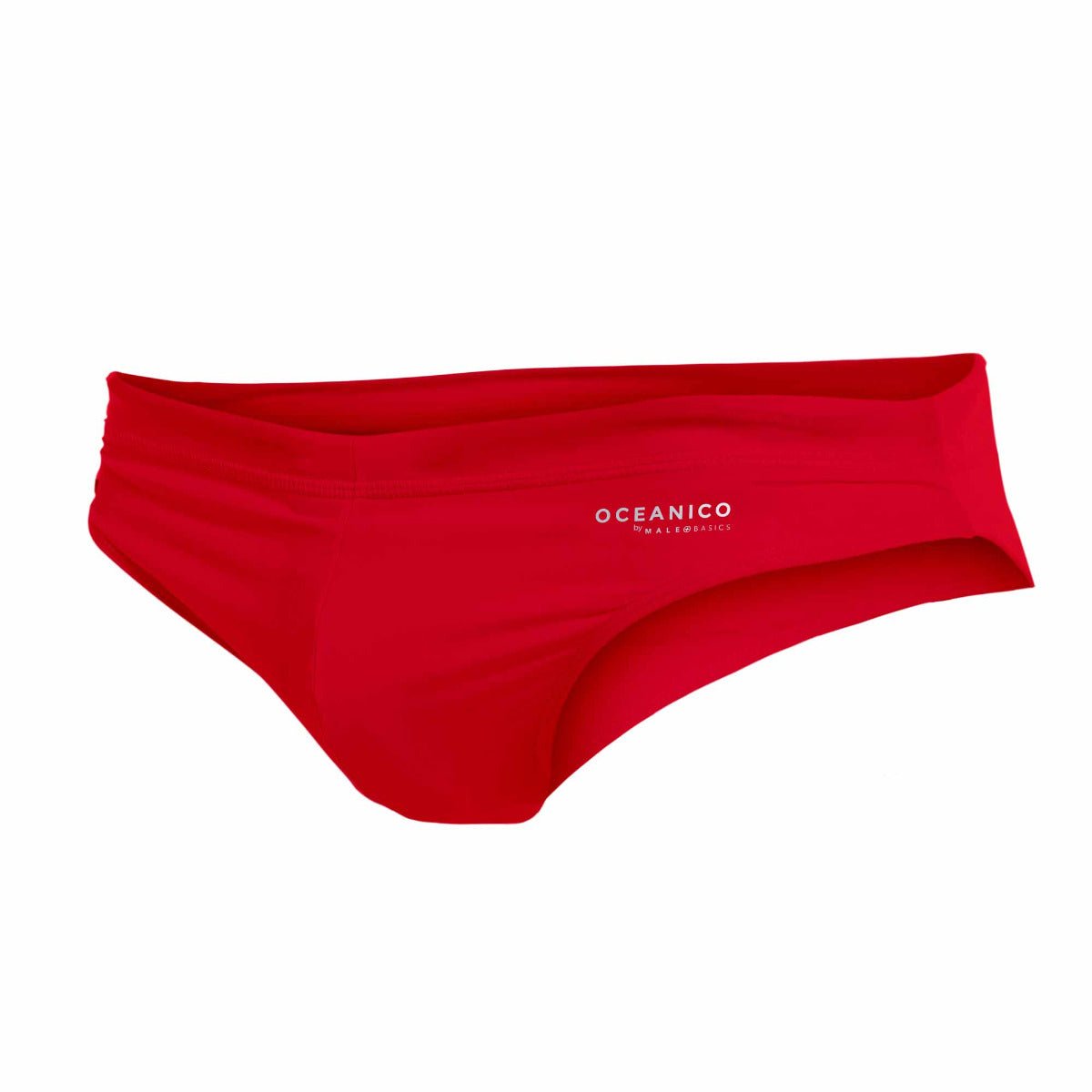 Red oceanico women’s swim briefs with a sleek form-fitting design and subtle white branding for swimming