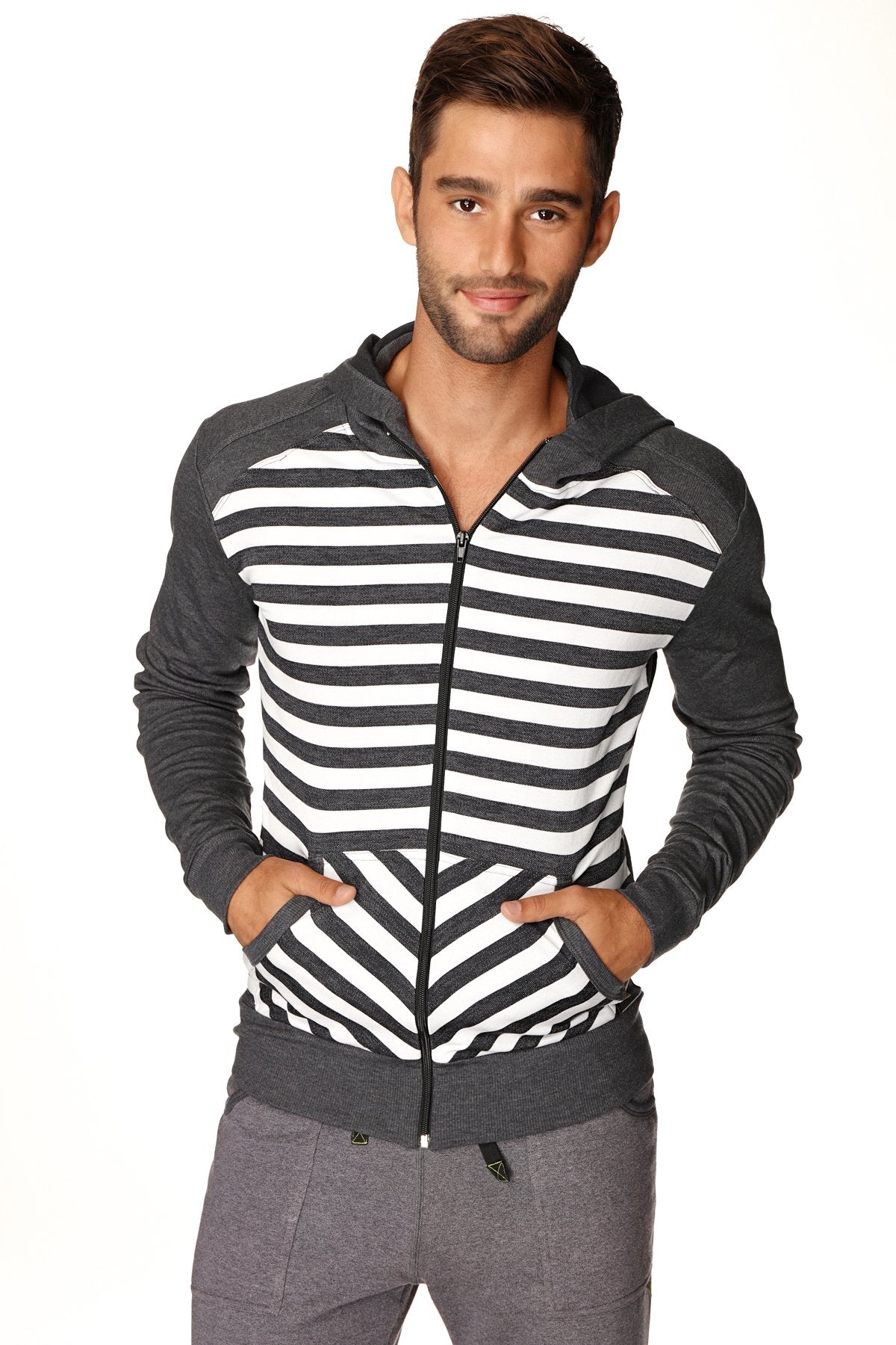 Men’s form-fit crossover yoga track fleece hoodie charcoal stripe with black and white torso stripes and dark gray sleeves
