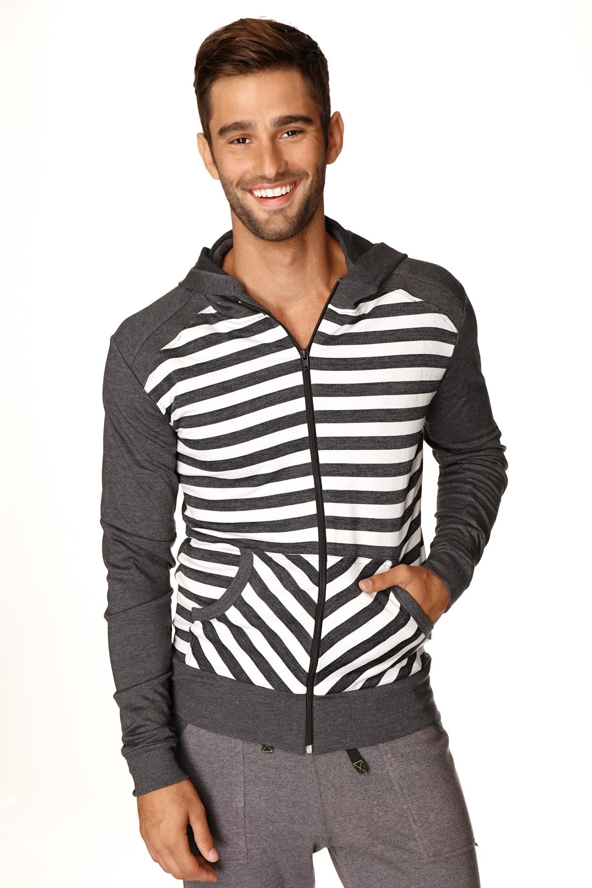 Original Limited Edition men’s charcoal stripe form-fit crossover yoga track fleece hoodie with black and white stripes