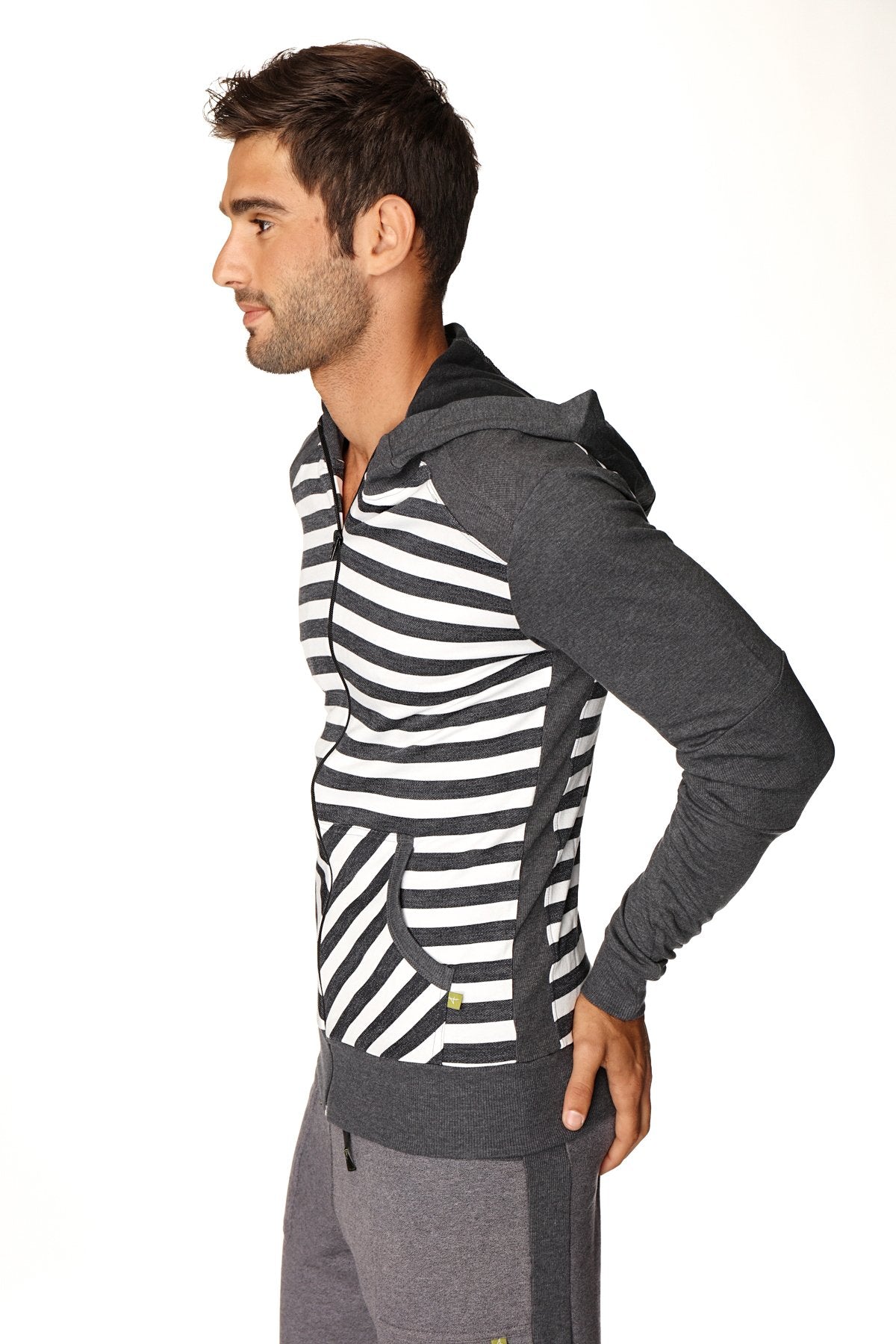 Original limited edition form fit crossover yoga track fleece hoodie charcoal stripe with black white front panel and dark gray sleeves