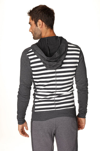Men’s charcoal stripe form-fit crossover yoga track performance fleece hoodie with gray and white stripes and solid dark gray hood