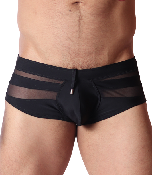 Front view of Gigo black swim brief featuring sheer mesh side panels and a center drawstring with metal detail.