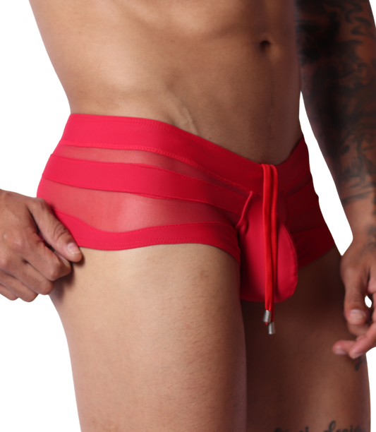 Gigo red mesh swim brief, side view, featuring panel design and drawstring front pouch detail.