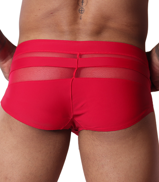 Back view of Gigo red swim brief, featuring sheer mesh panel detailing and smooth fabric design.