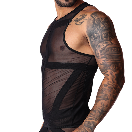 Side view of Gigo men’s black tank featuring sheer mesh fabric and solid panel detailing.