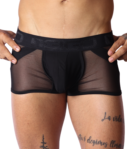 Front view of Gigo black panel trunk with sheer mesh sides and branded elastic waistband.