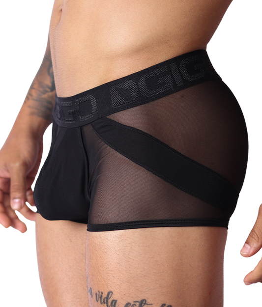 Gigo black mesh panel trunk, side view showing elastic logo waistband and opaque solid fabric front detail.