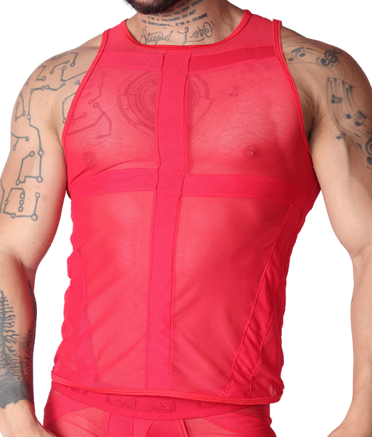 Front view of Gigo men’s red sheer mesh panel tank top with solid vertical and horizontal detailing.