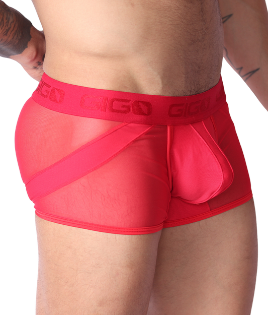 Gigo red mesh panel trunk, side view, showing supportive pouch, branded elastic waistband, and semi-sheer fabric detail.