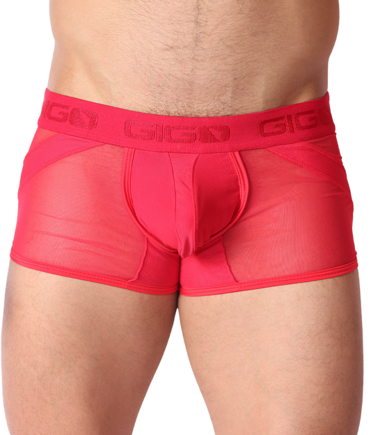 Front view of Gigo red mesh panel trunk with branded elastic waistband and solid fabric center pouch.