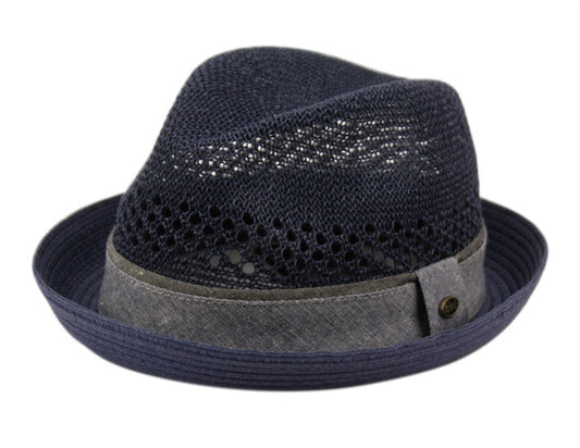 Navy blue paper straw fedora with textured gray fabric band and subtle perforated crown detailing multiple colors