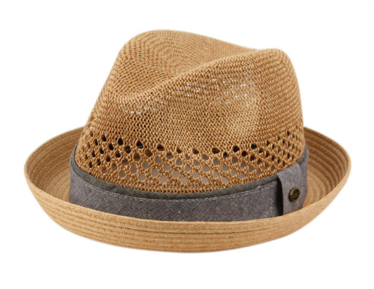 Tan paper straw fedora with gray fabric band and perforated detailing in multiple colors collection