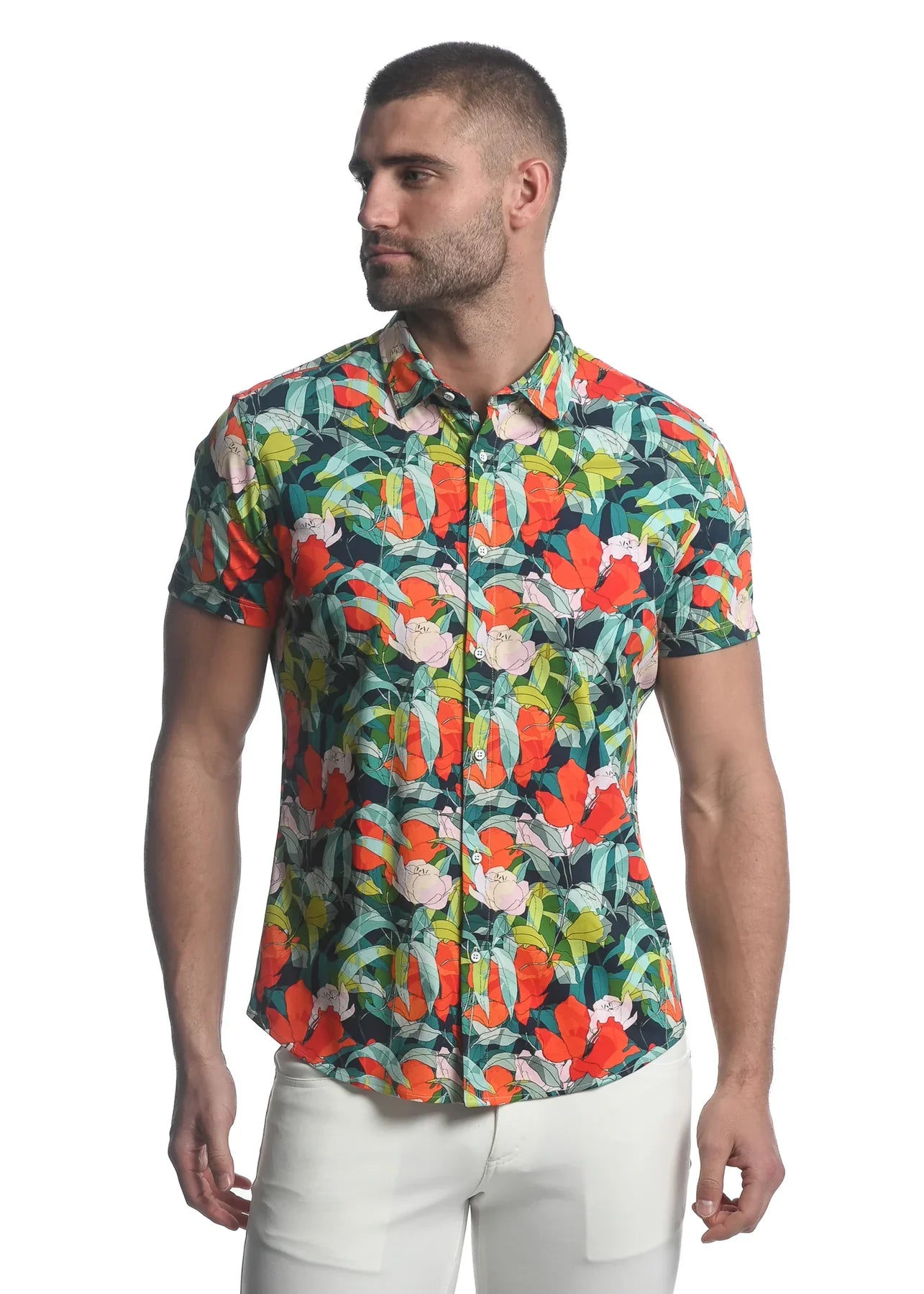 Paradise stretch knit shirt with vibrant tropical print in bold orange pink and green on dark navy short sleeves