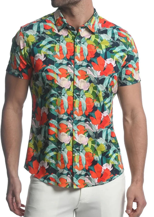 Paradise stretch knit shirt vibrant tropical short-sleeved button-up with bold orange pink flowers on dark green leaves