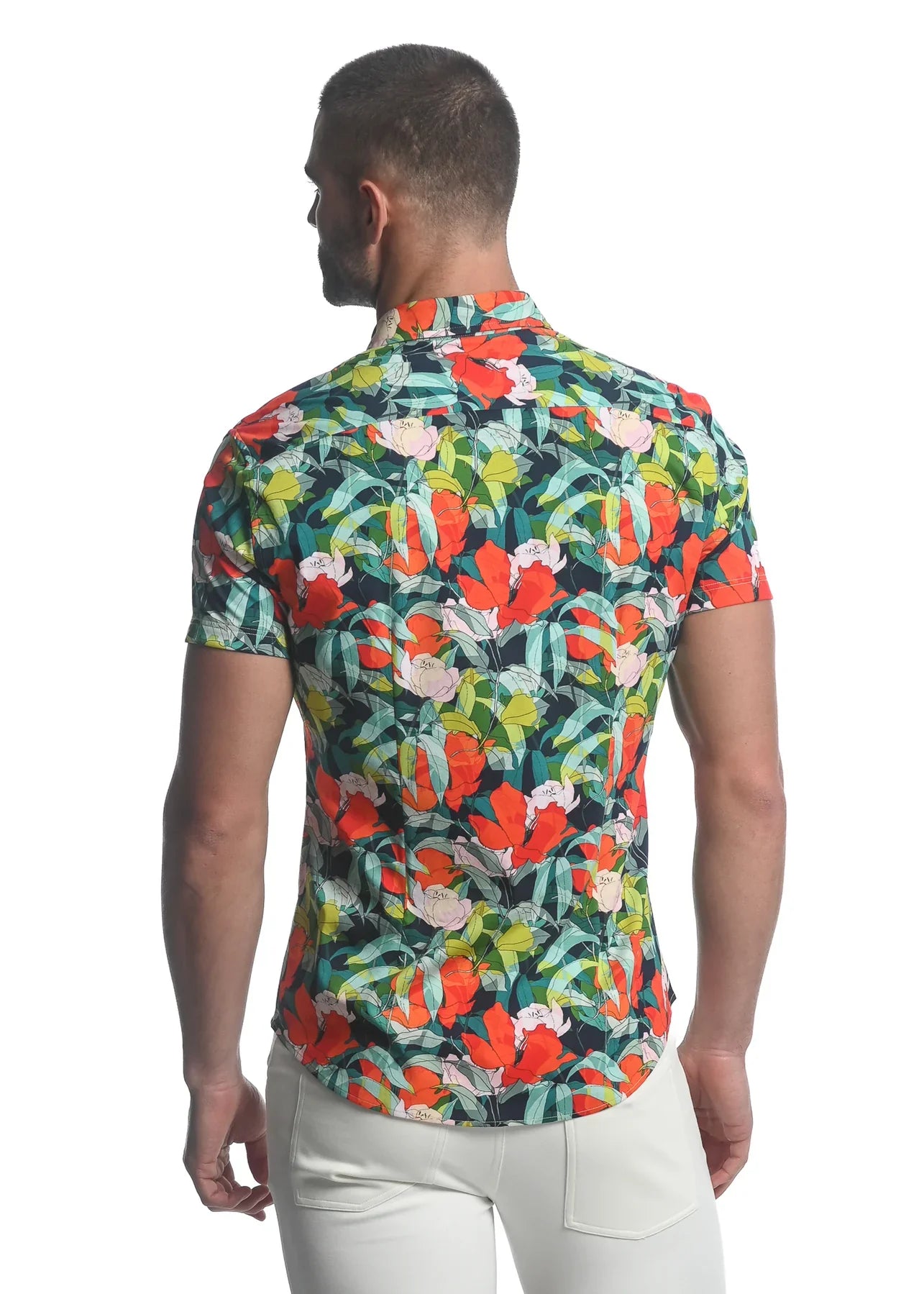 Men’s paradise stretch knit shirt short-sleeved with vibrant red orange pink green tropical floral pattern on dark background
