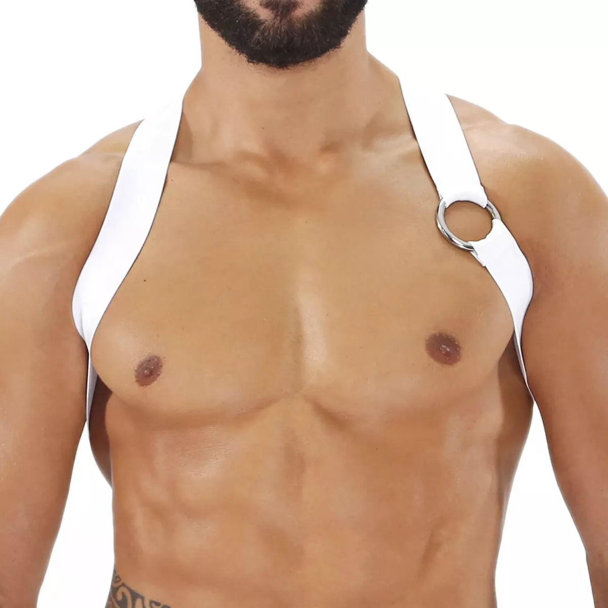 Party boy harness white leather harness with silver metal ring detail designed for stylish wear