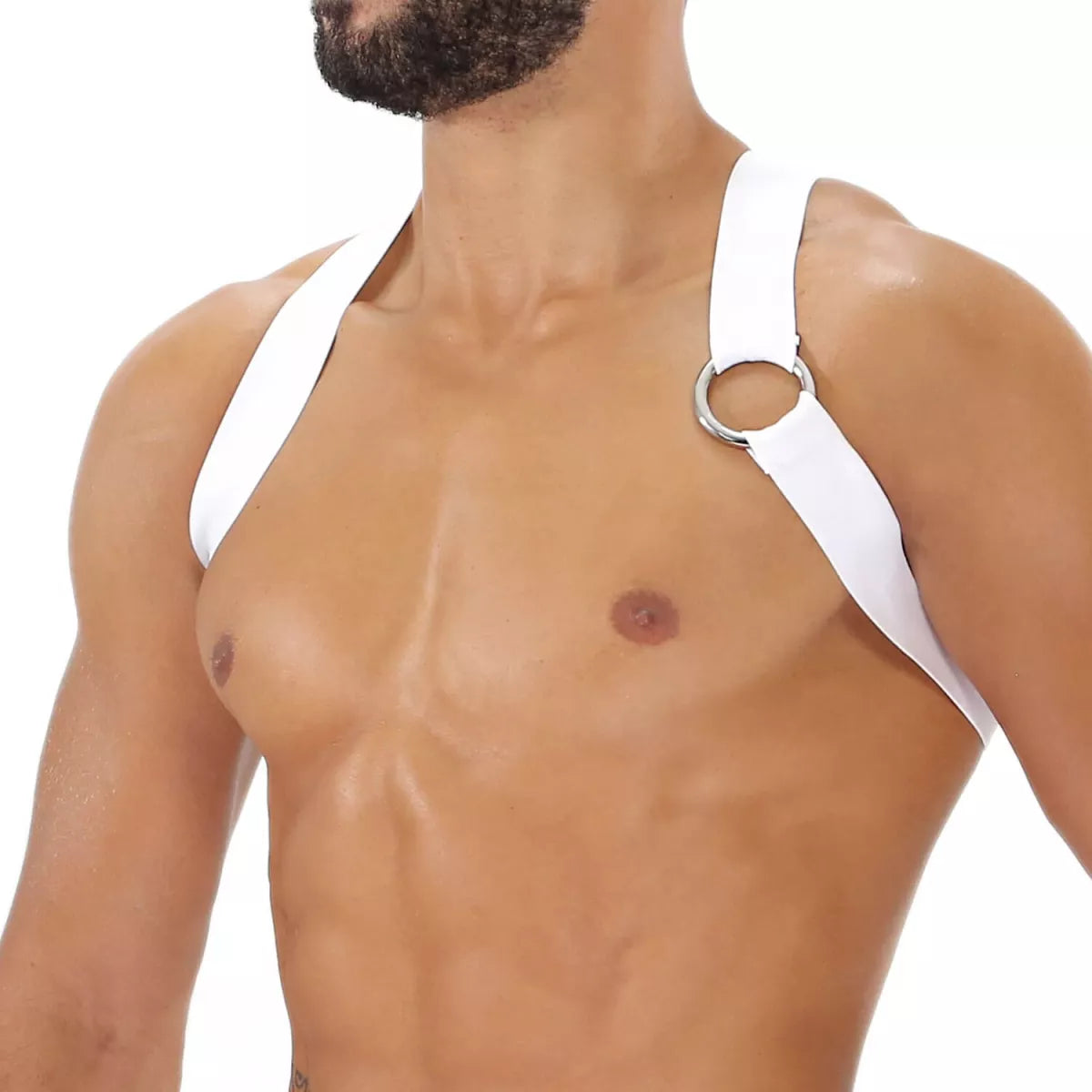 White leather party boy harness with silver metal ring detail for stylish and edgy wear