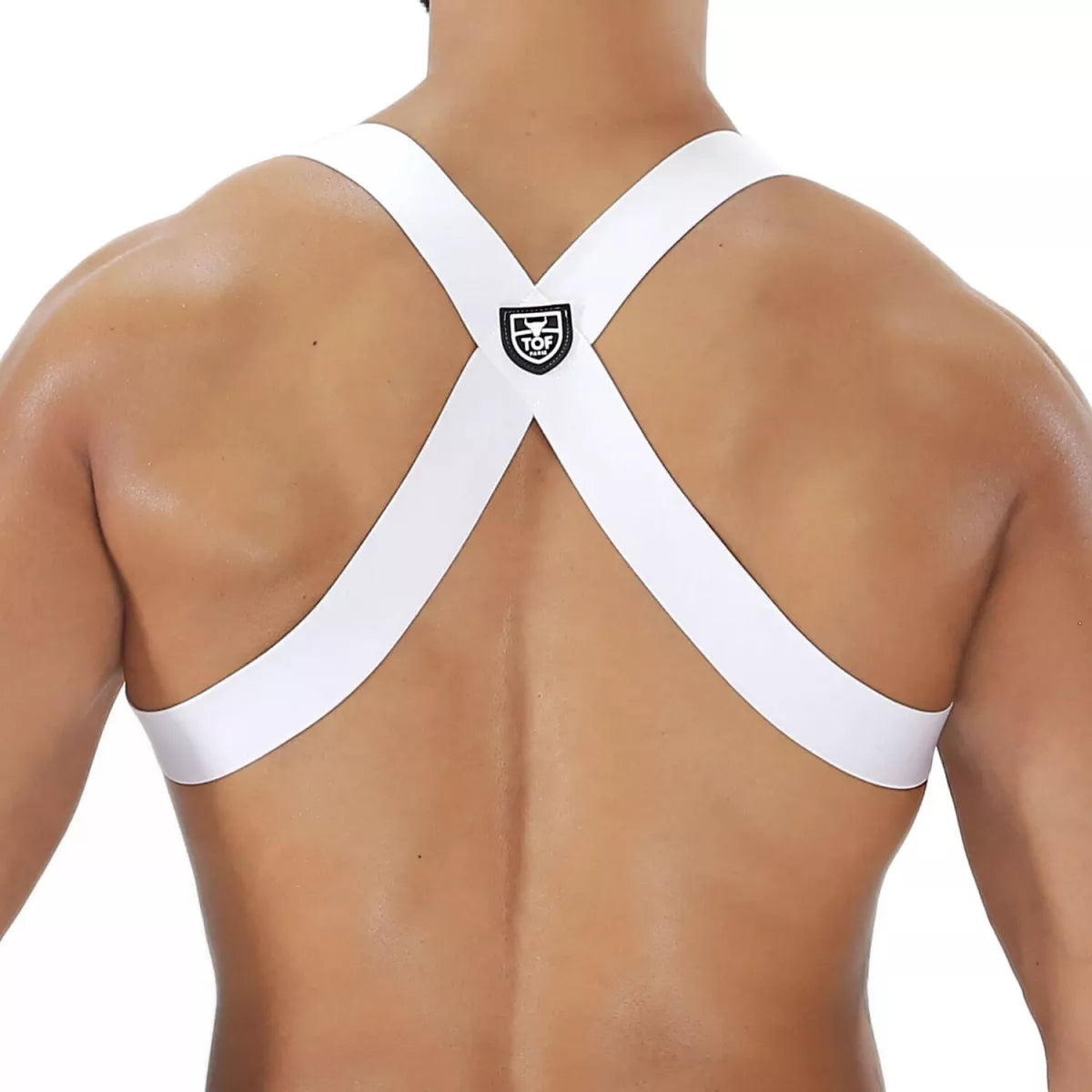 Party boy harness white cross-back athletic support strap with black shield logo at center
