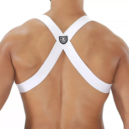 Party boy harness white cross-back athletic support strap with black shield logo at center