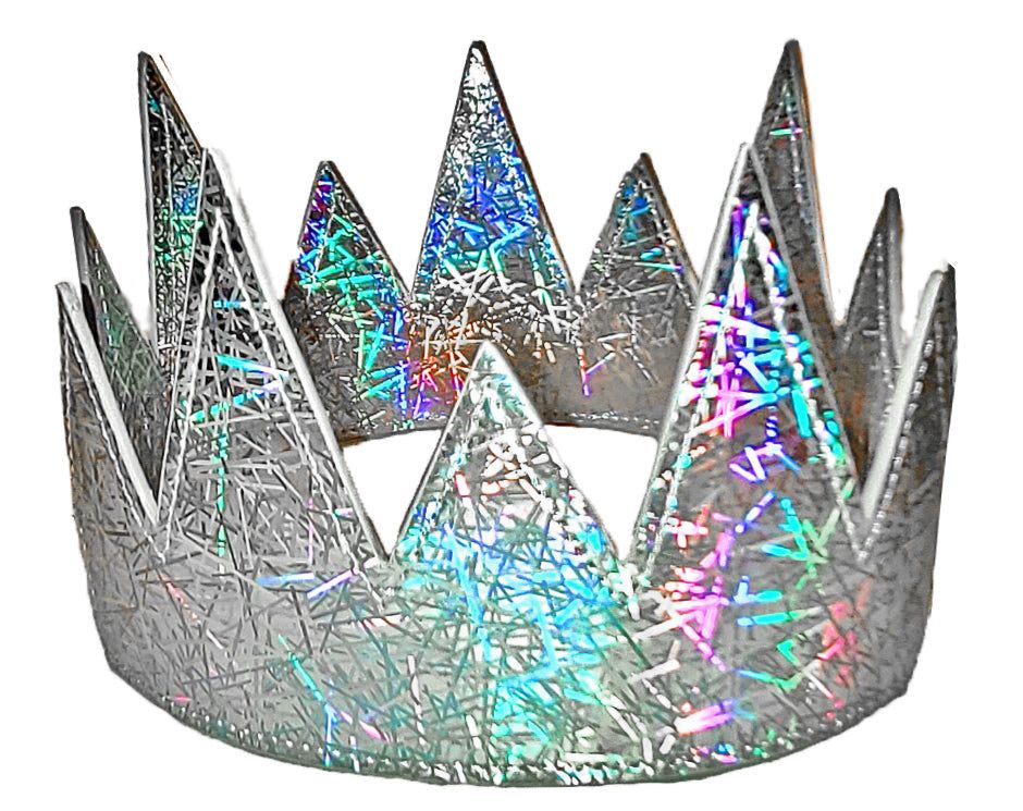 A shimmering silver party crown with iridescent rainbow streaks and a textured glittery surface