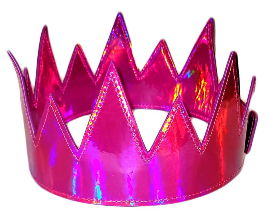 A shiny holographic pink party crown with glossy finish and stitched edges perfect for celebrations