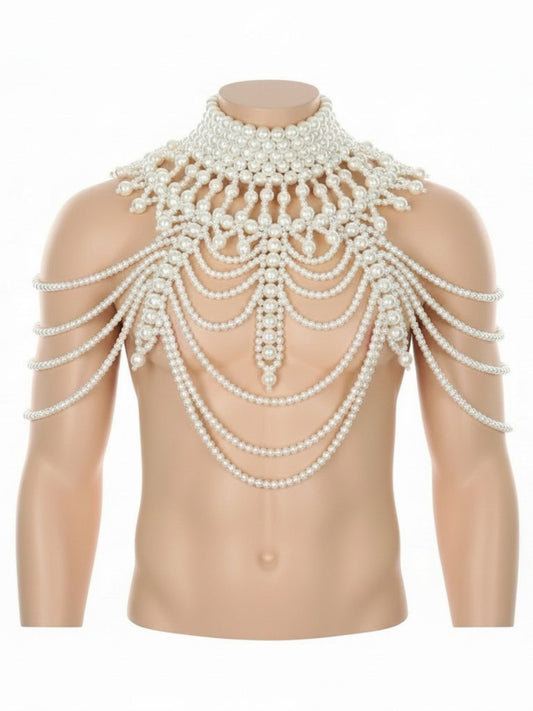 An elaborate white faux-pearl chest piece necklace with a high choker and draped chains across the torso.