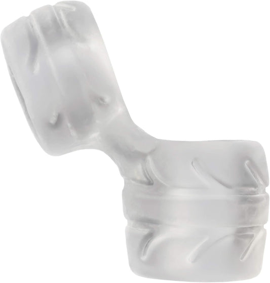 Clear silicone double ring with tire tread pattern, designed for cock and balls.