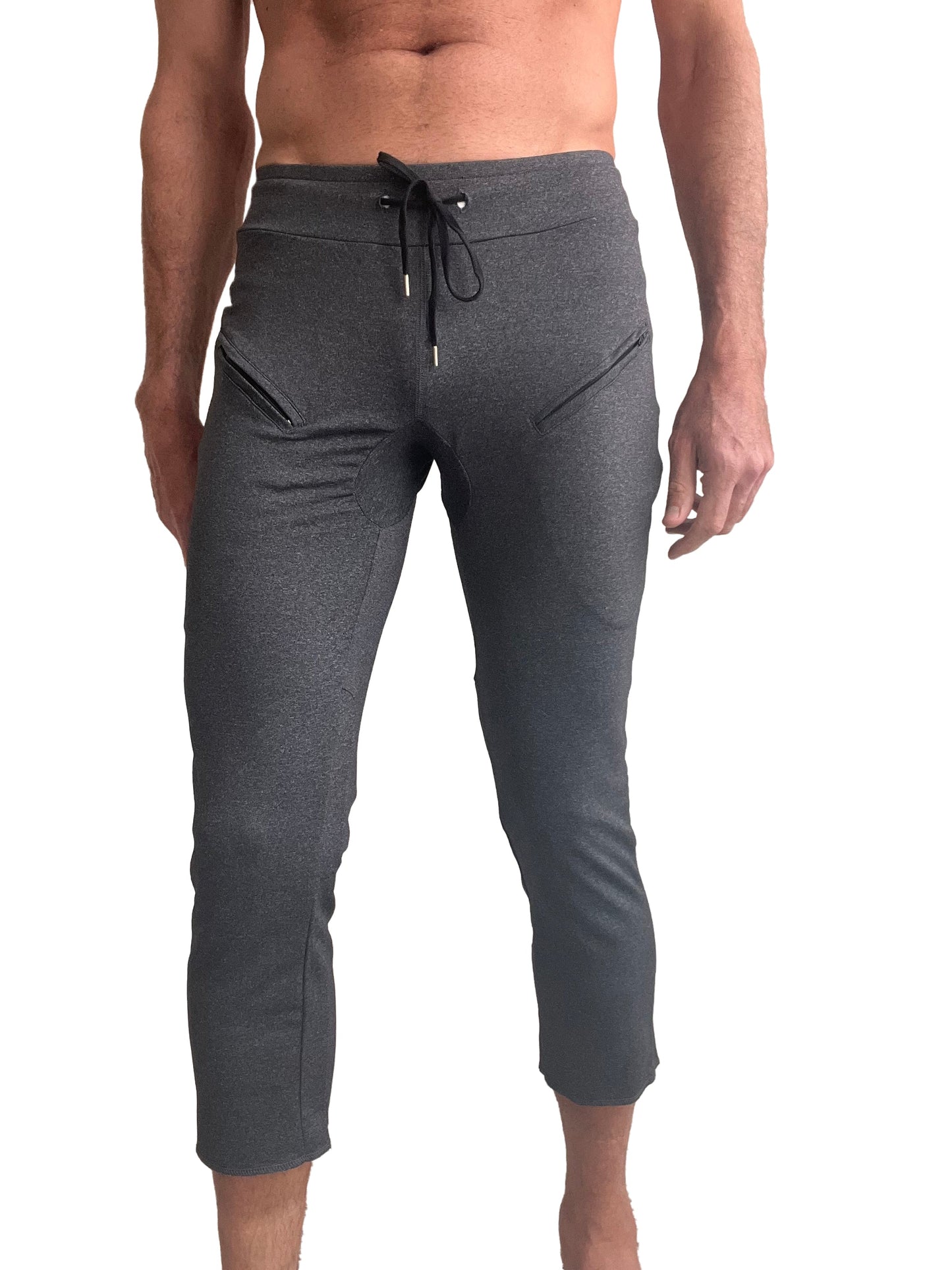 Performance premium mens charcoal heather jogger pants with black drawstring waistband and side pockets