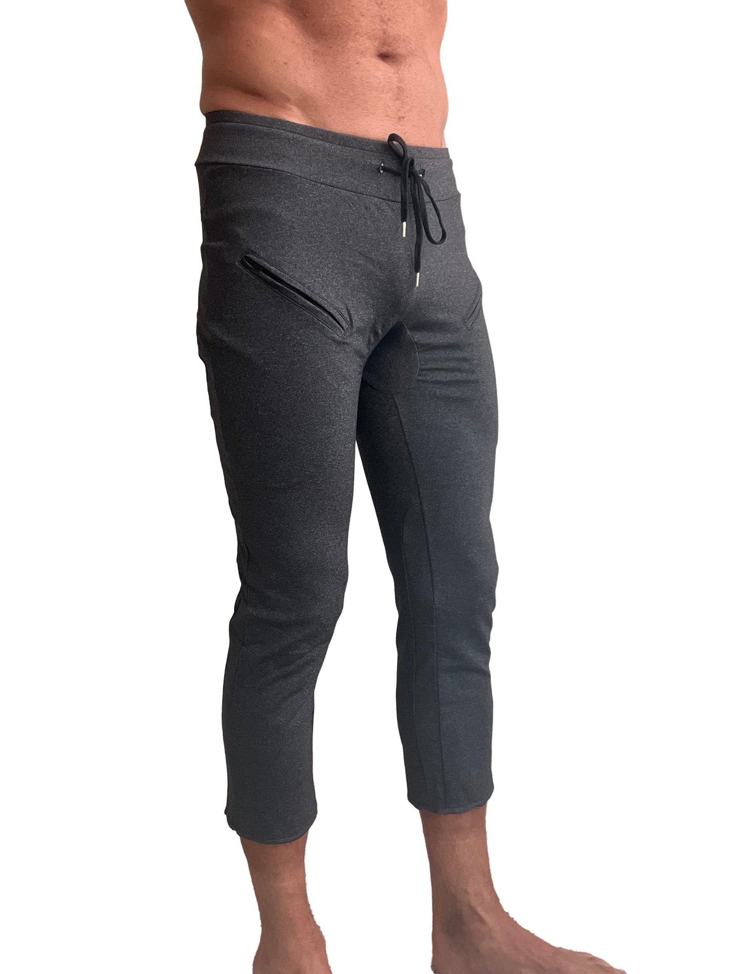 Dark gray heathered performance premium mens 4/5 zipper pocket capri yoga pants with black drawstring waistband and side pockets