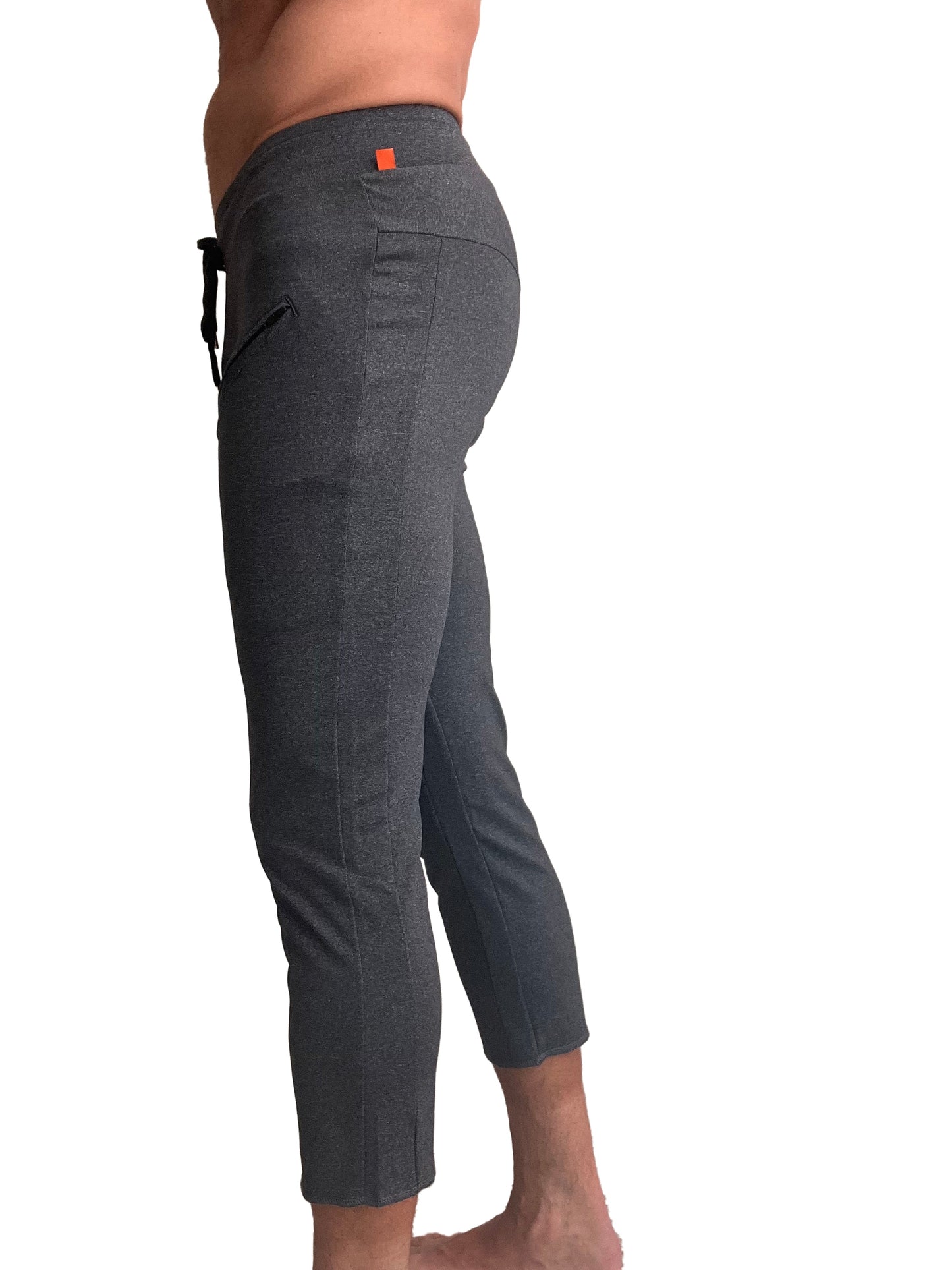 Performance premium mens charcoal heather capri yoga pants with textured fabric orange brand tag and side zip pocket