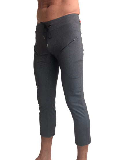 Performance premium mens charcoal heather capri yoga pants with drawstring waist and zippered side pockets