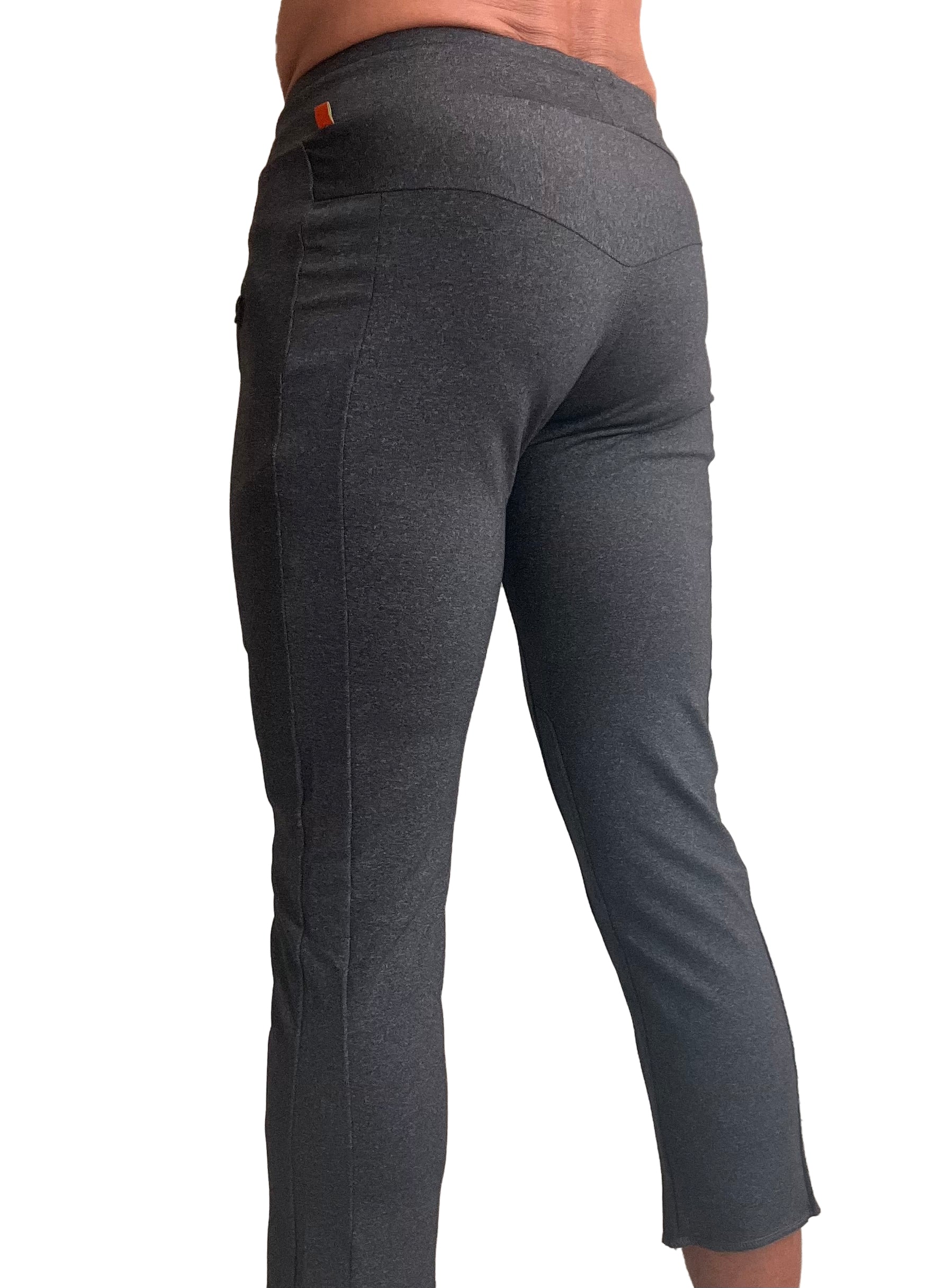 Performance premium mens charcoal heather leggings with snug fit and orange brand tag at waistband for yoga