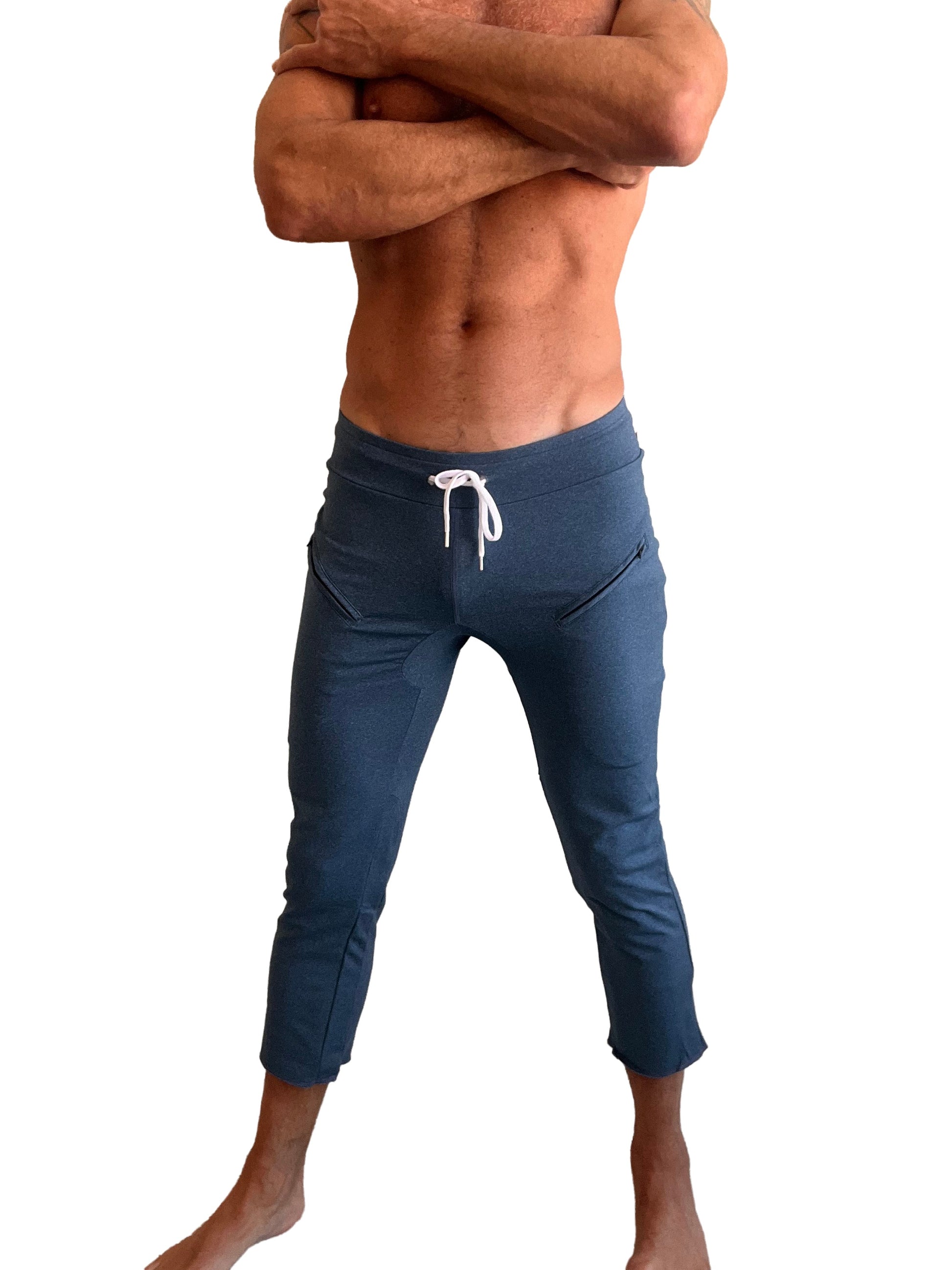 Performance premium mens dark blue athletic capri yoga pants with white drawstring waistband and side pockets