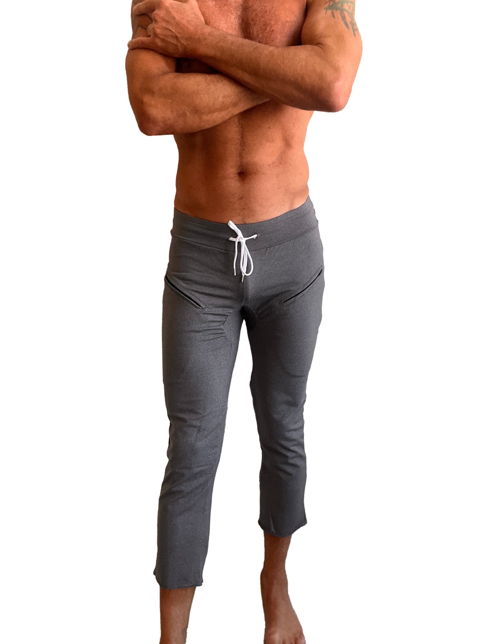 Performance premium mens dark grey heather athletic capri yoga pants with white drawstring waistband and side pockets