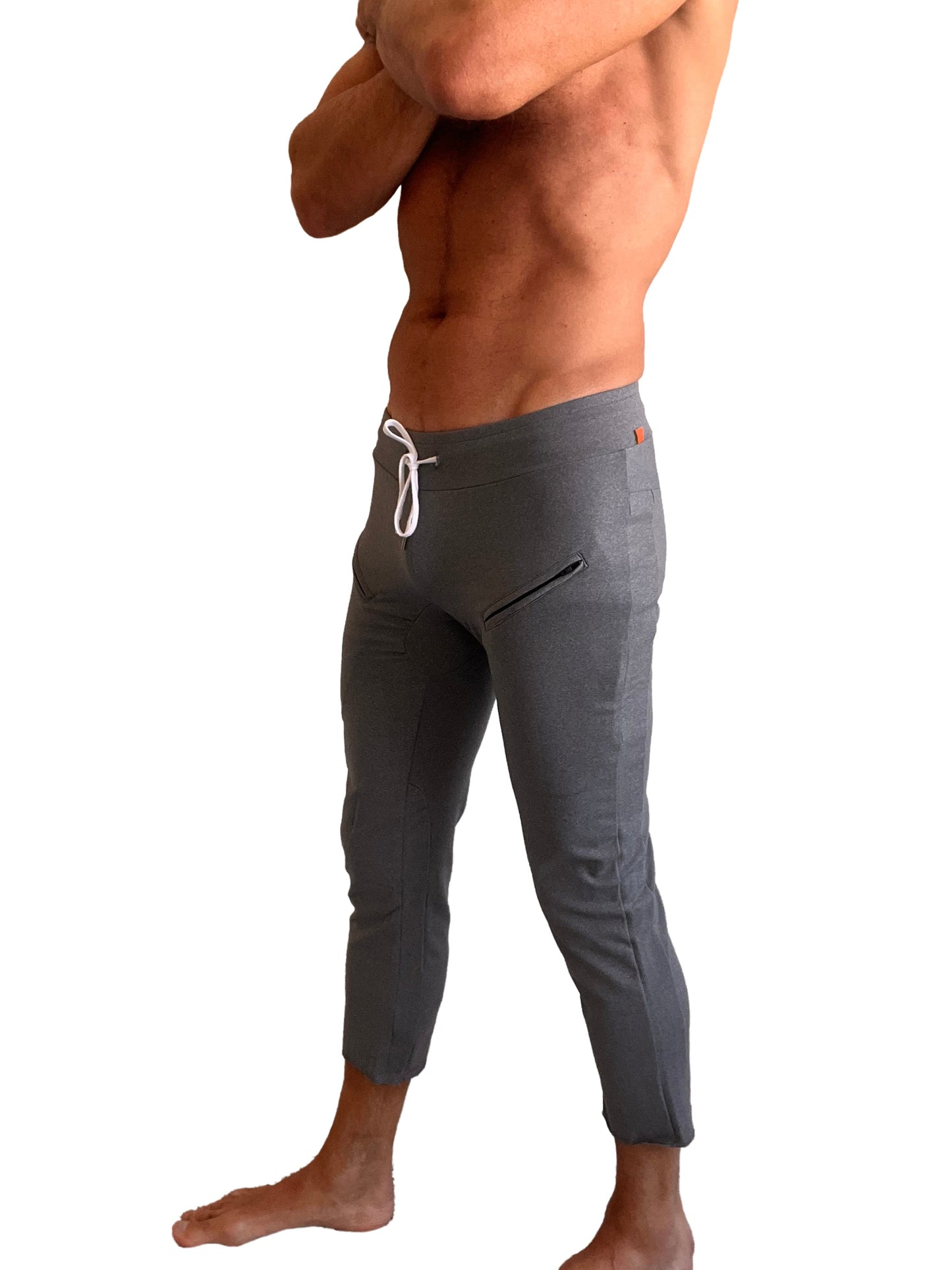Performance premium mens dark grey heather capri yoga pants with white drawstring and subtle side pockets