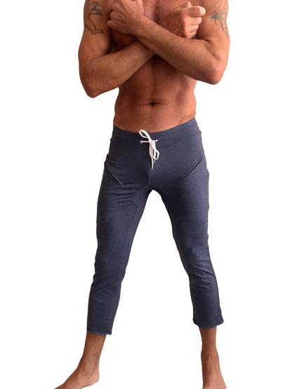 Performance premium mens navy blue heather capri yoga pants with white drawstring waistband and side pockets