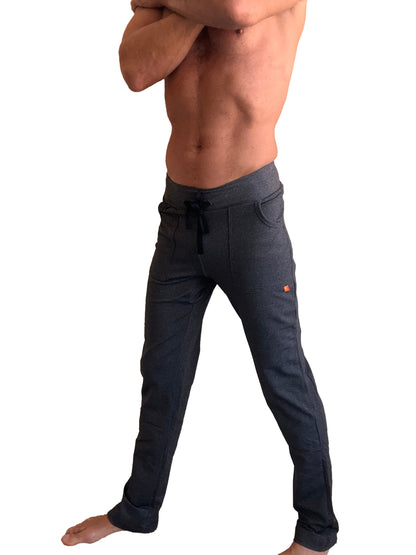Performance premium charcoal heather track and lounge sweat pant with drawstring waistband and orange logo on thigh