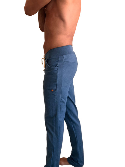 Performance-premium track and lounge sweat pant in coral blue heather with blue denim cargo style and orange brand tag