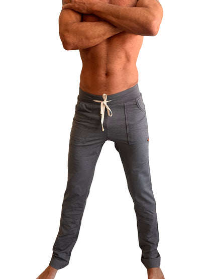 Gray performance premium track and lounge sweat pant with white drawstring and side pockets in dark heather gray