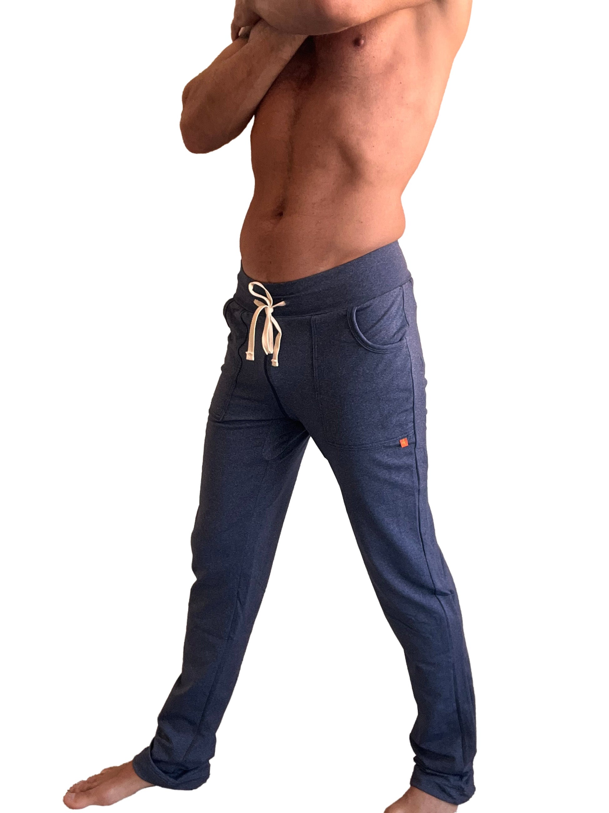 Performance premium navy blue heather athletic joggers with cream drawstring and side pockets for track and lounge use