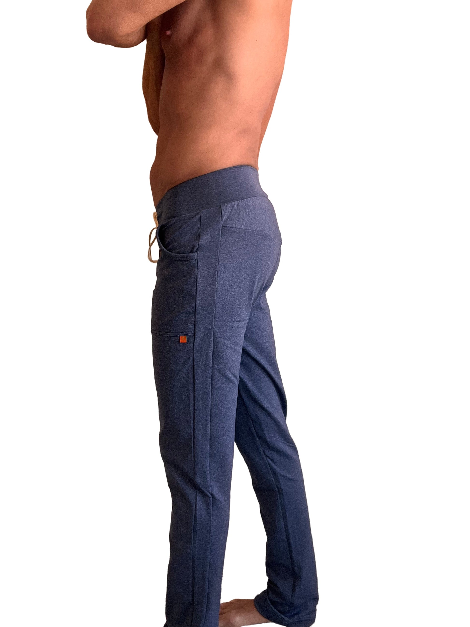 Performance premium navy blue heather stretchy yoga pants with drawstring waistband and side pockets for active wear
