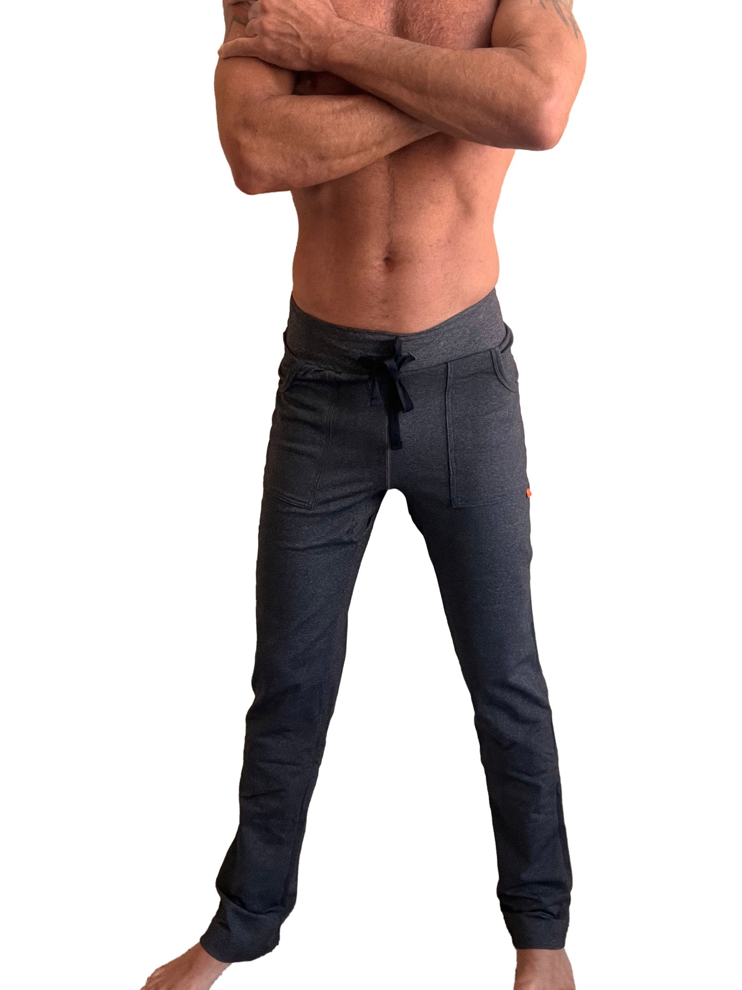 Dark gray performance premium long cuffed joggers with drawstring waistband and subtle side pockets for yoga and workouts