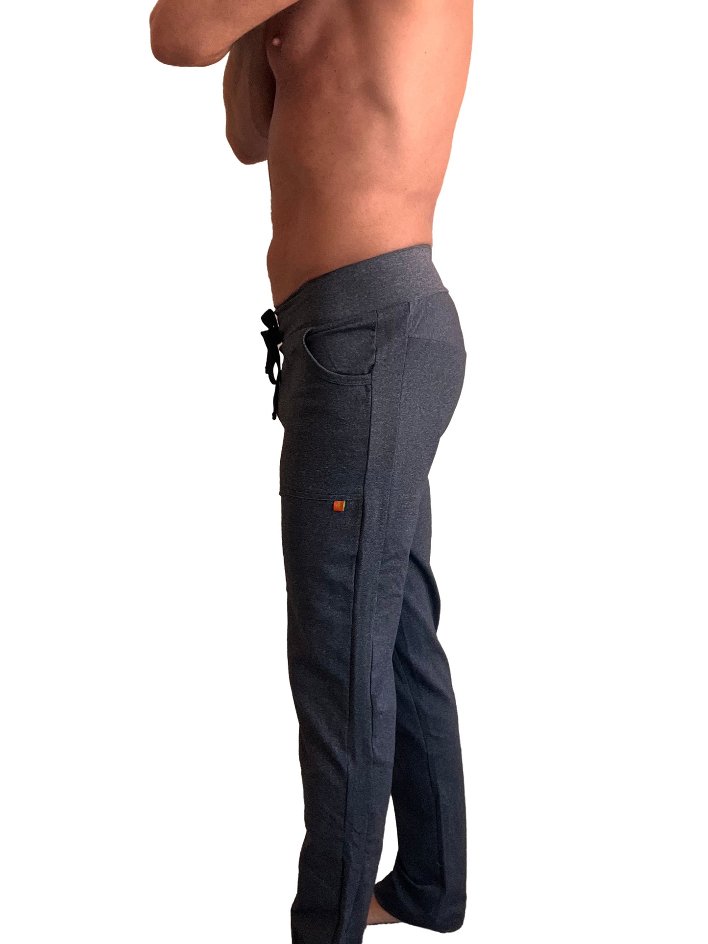Performance premium long cuffed jogger and yoga sweat pants in charcoal heather with textured fabric drawstring waist and pockets