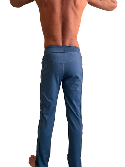 Performance premium long cuffed jogger and yoga sweat pants in coral blue heather with fitted design and side seam detailing