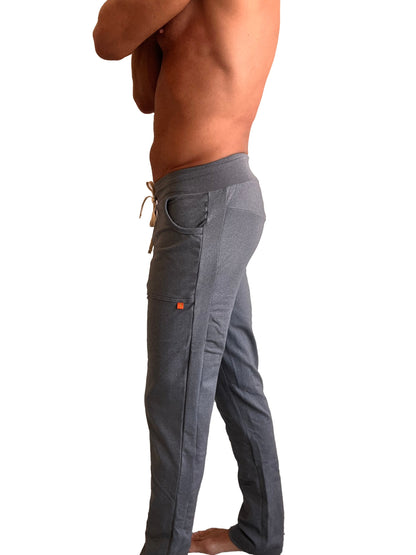 Dark gray heather performance-premium long cuffed jogger and yoga sweat pants with drawstring waistband and orange tag