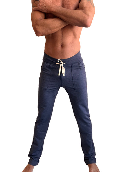 Navy blue performance jogger pants with white drawstring waistband and two front pockets for yoga and casual wear