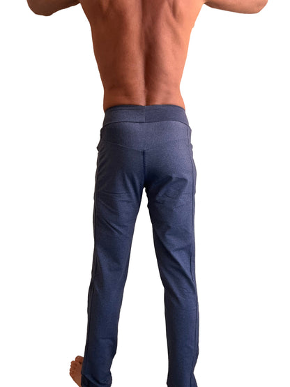 Performance-PremiumLong cuffed yoga pants in navy blue heather with stretchy waistband and subtle side seam detailing