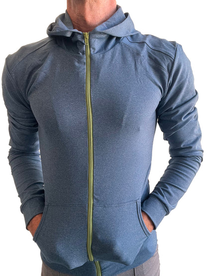 Performance premium form-fit crossover yoga track hoodie in coral blue heather with lime green zipper detail