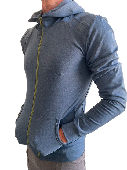 Performance-premium form-fit crossover yoga track hoodie in coral blue heather with olive green zipper and ribbed cuffs